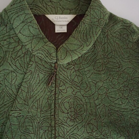 Vintage CJ Banks Green w Brown Embroidered Floral Tapestry Zip Up Jacket 1X - Picture 8 of 8